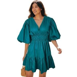 NWT Teal Empire Waist Puff Sleeve Cotton Dress Japna Size M